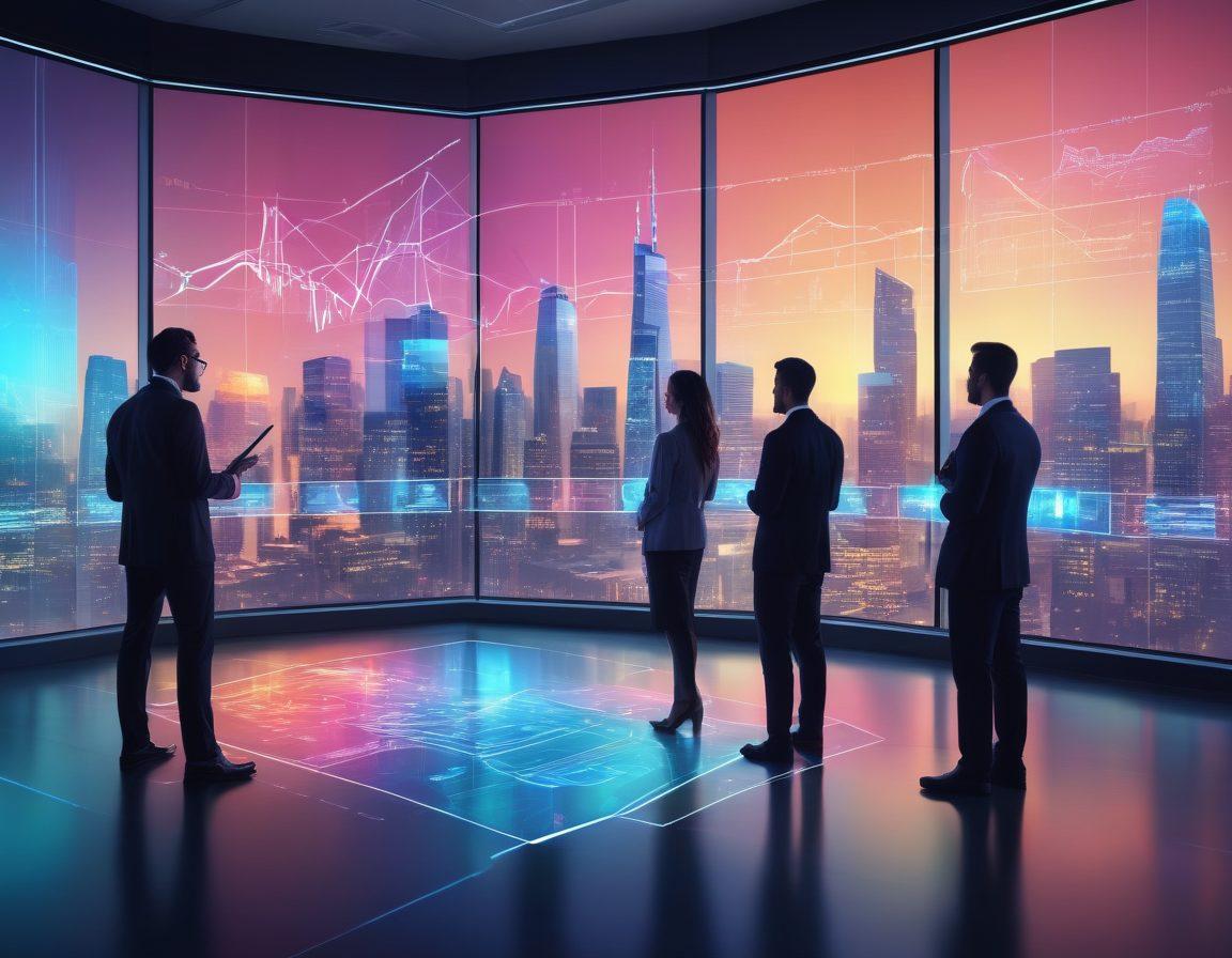 A diverse team of professionals analyzing futuristic digital interfaces, with holographic market trend graphs, business strategy charts, and interconnected technology networks. The background is a sleek, modern office with a city skyline visible through large windows. Vibrant colors highlighting digital innovation. super-realistic. 3D.